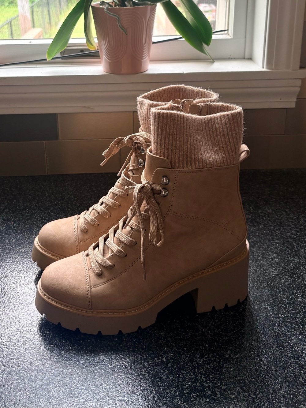 DV by Dolce Vita Tilly Boot. Knit Cuff, Zip-Up Heeled Boots in Sand Beige. - Picture 3 of 6